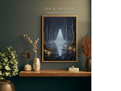 Haunted Forest Moonlit Ghost Reflection Woodland Gothic Art Print | Whimsigoth Moody Landscape Print Dark Cottagecore Forest Ghost Painting