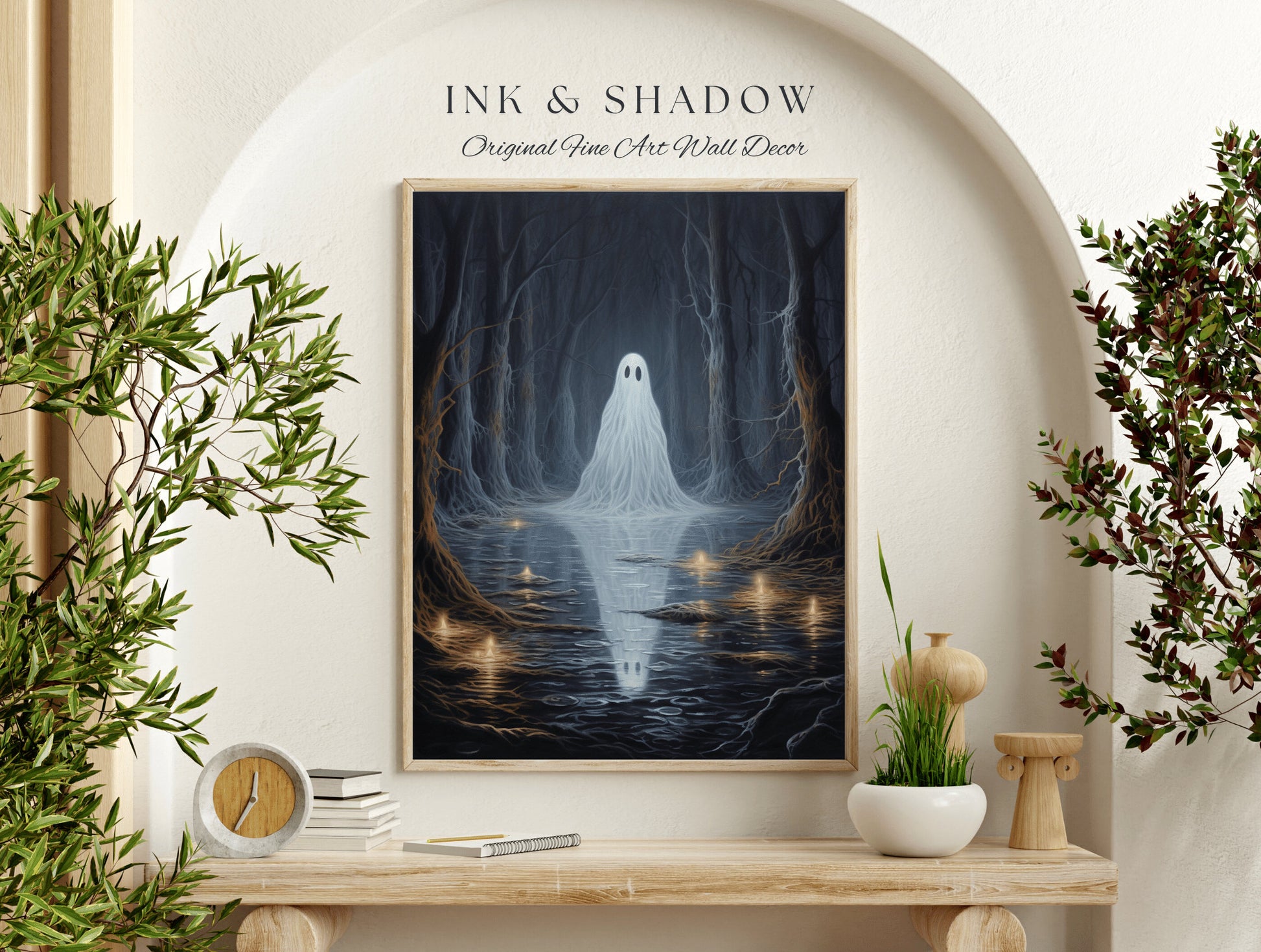 Haunted Forest Moonlit Ghost Reflection Woodland Gothic Art Print | Whimsigoth Moody Landscape Print Dark Cottagecore Forest Ghost Painting