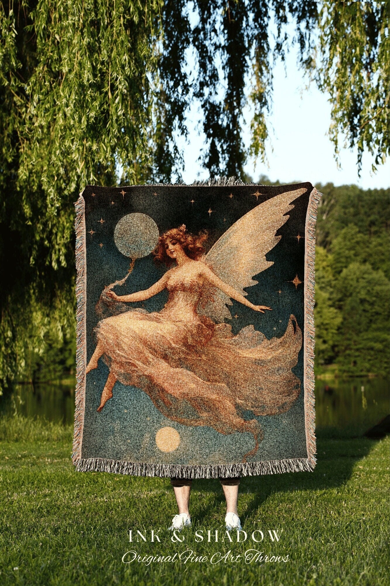 Celestial Fairy Tapestry Woven Wall Art Decor Ethereal Throw Blanket Vintage | Retro Halloween Decor Fairycore Art Angel Vintage Tapestry