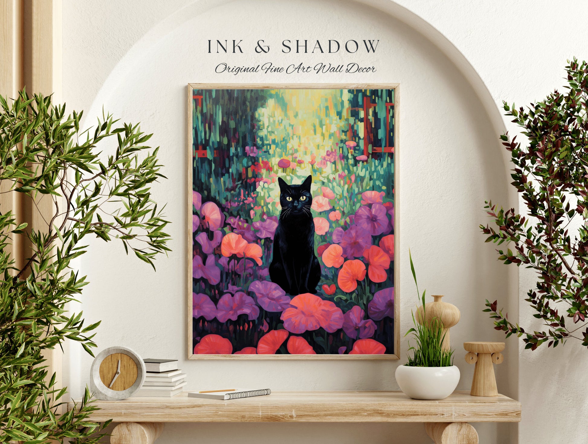 Whimsigoth Wall Art Cat Painting Poster Pink Bedroom Decor Black Cat | Tapestry Whimsical Art Poster Cat Wall Decor Eclectic Art Tapestry |