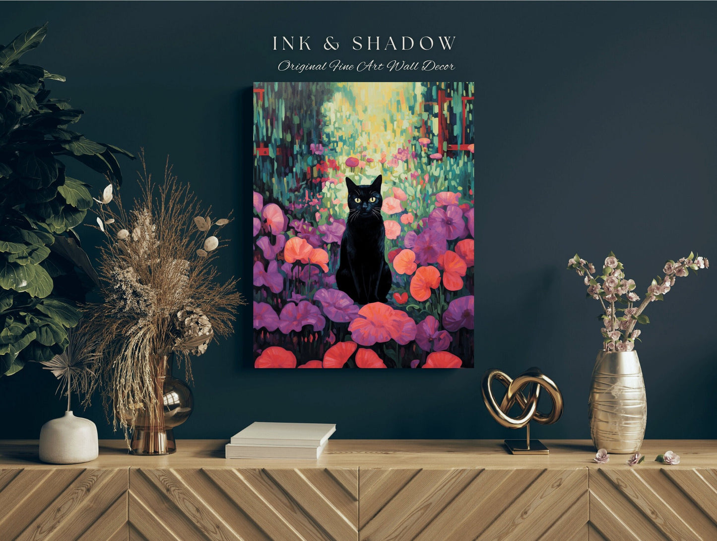 Whimsigoth Wall Art Cat Painting Poster Pink Bedroom Decor Black Cat | Tapestry Whimsical Art Poster Cat Wall Decor Eclectic Art Tapestry |