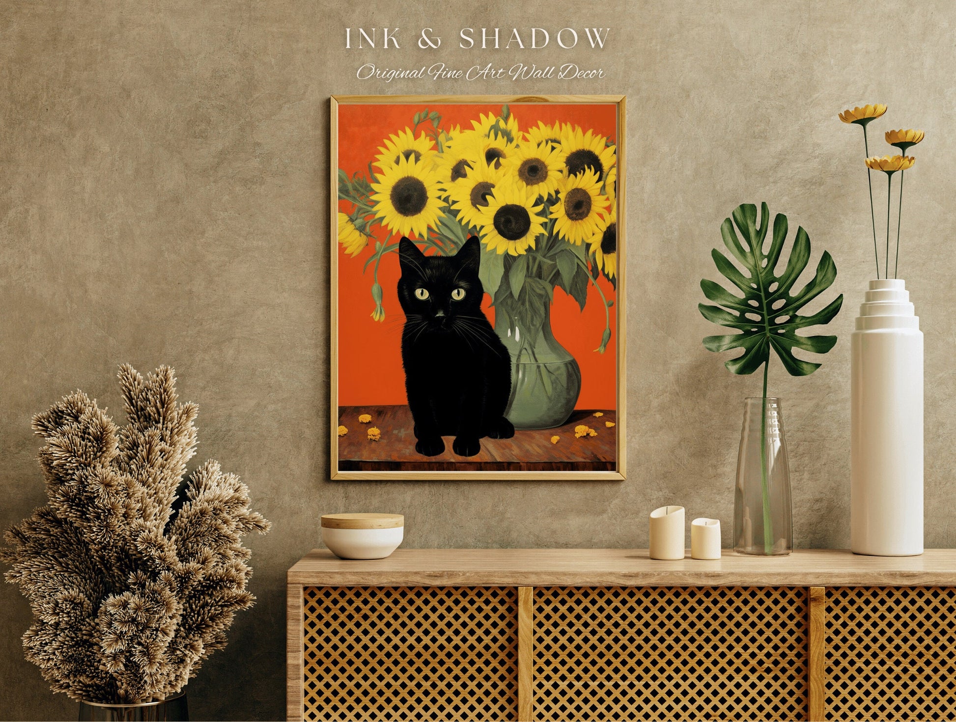 Sunflower Cat Poster Vincent Van Gogh Poster Black Cat Art | Funny Tapestry Van Gogh Painting Famous Art Poster Black Cat Wall Decor Bedroom