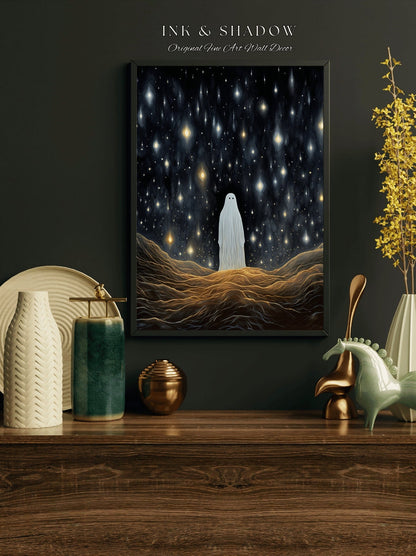 Falling Stars Ghost Painting Dark Cottagecore Decor Celestial Art | Night Sky Shooting Stars Cute Ghost Spooky Wall Decor Whimsigoth Art |