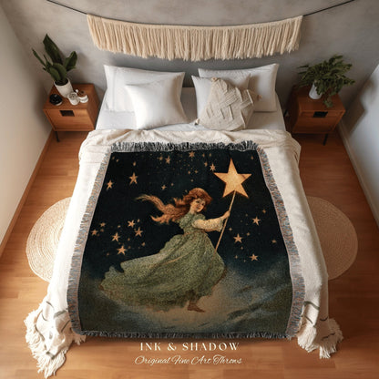 Retro Fairy Blanket Woven Tapestry Vintage | Fairy Aesthetic Celestial Wall Art | Cottagecore Decor Halloween Vintage Tapestry Woven Blanket