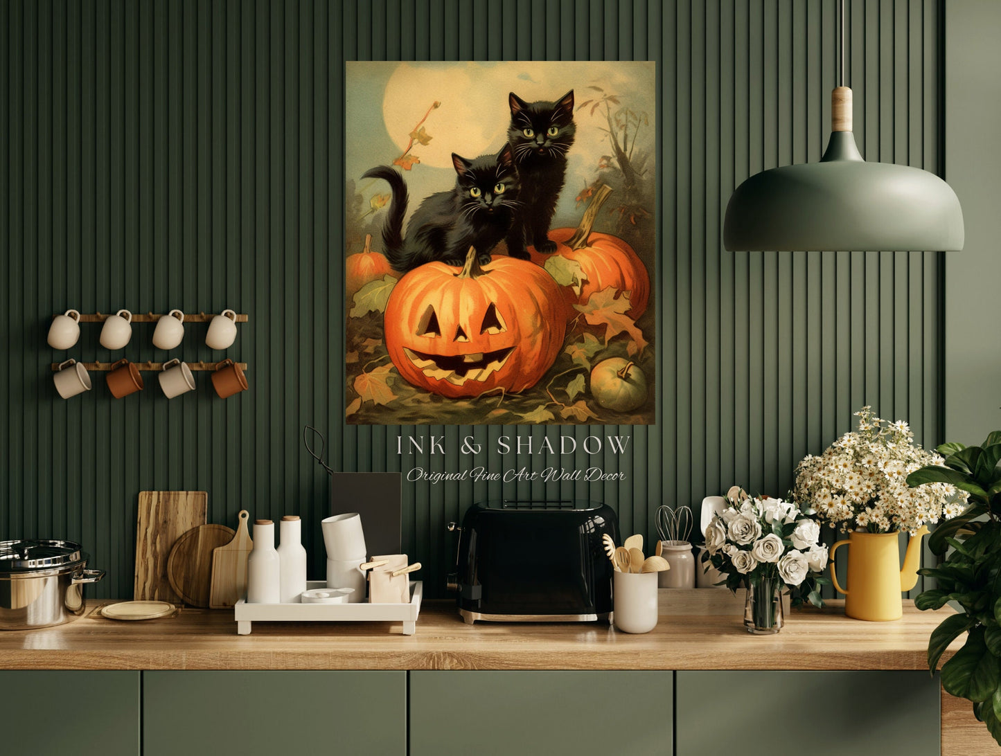 Halloween Cute Poster Print Goth Bedroom Decor Black Cat Art | Pumpkin Tapestry Black Cat Poster Printable Wall Decor Whimsical Bedroom Art