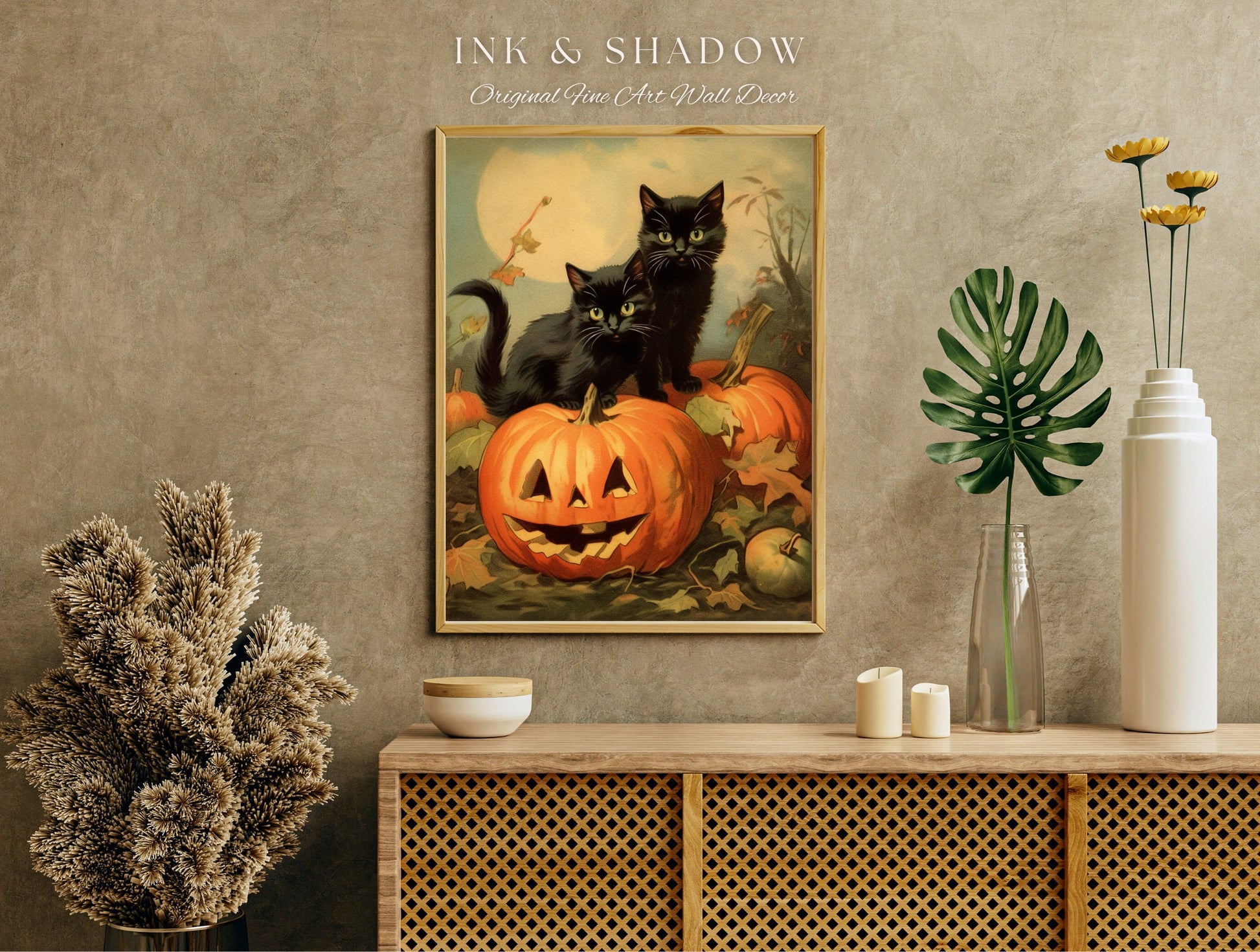 Halloween Cute Poster Print Goth Bedroom Decor Black Cat Art | Pumpkin Tapestry Black Cat Poster Printable Wall Decor Whimsical Bedroom Art