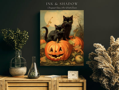 Halloween Cute Poster Print Goth Bedroom Decor Black Cat Art | Pumpkin Tapestry Black Cat Poster Printable Wall Decor Whimsical Bedroom Art