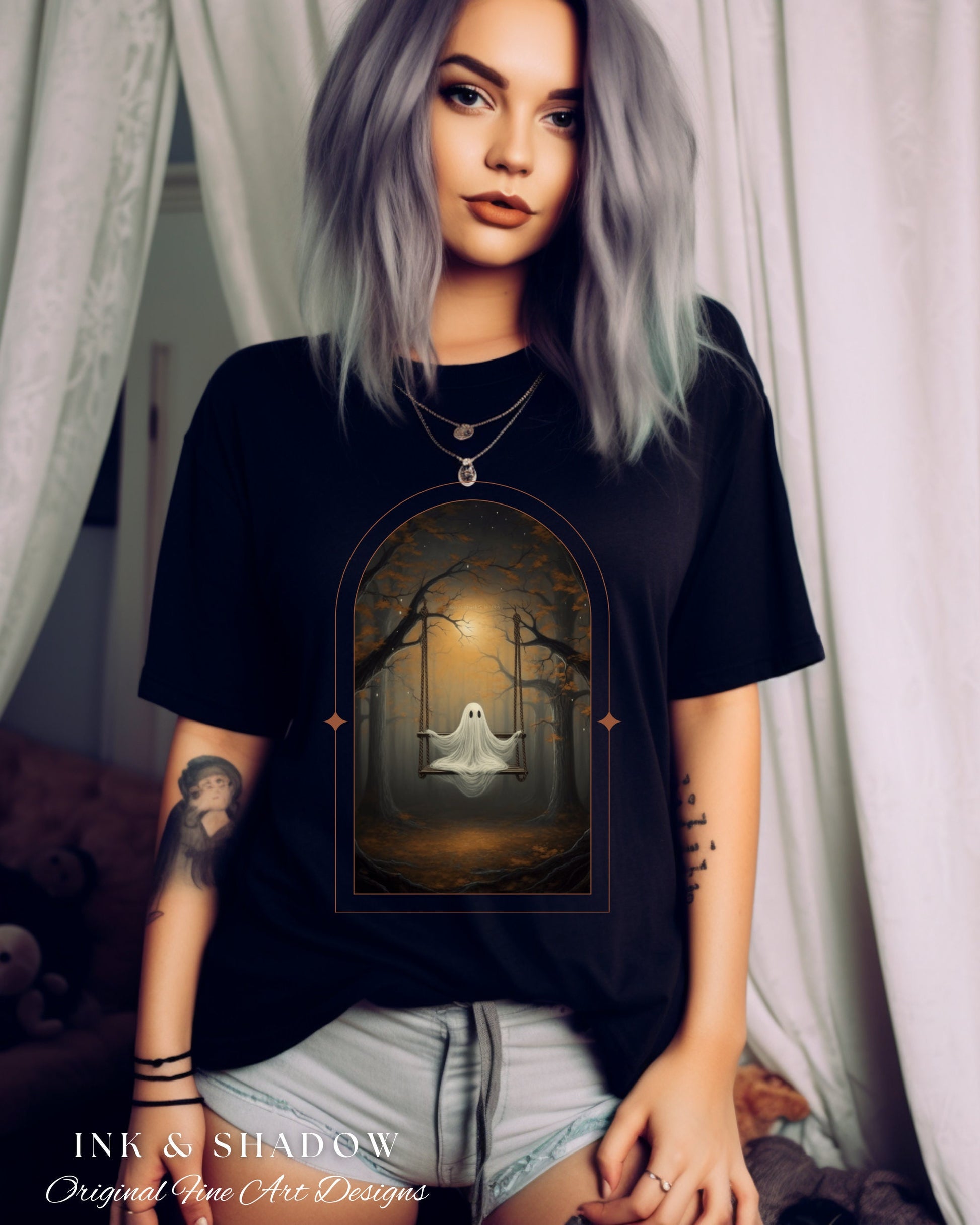 Forest Spirit Halloween Graphic Tshirt | Spooky Cute Halloween Clothing Goth Aesthetic | Gildan Crewneck Sweatshirt Cute Ghost Hoodie Gothic