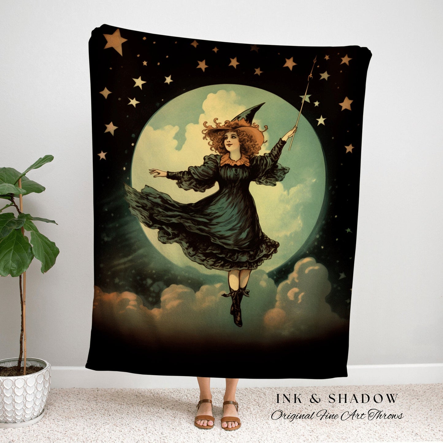 Vintage Witch Tapestry Woven Blanket | Witchy Decor Retro Celestial Wall Art | Dark Cottagecore Room Decor Halloween Vintage Tapestry Woven