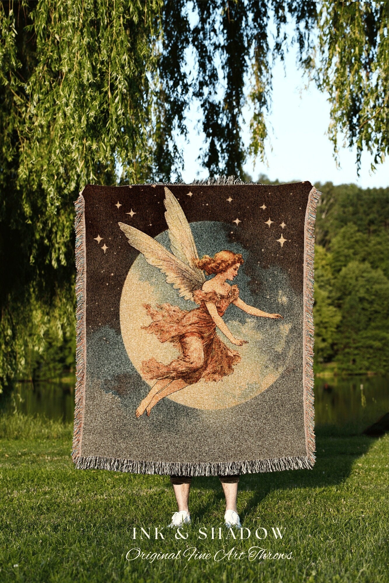 Woven Blanket Vintage Fairy Aesthetic Celestial Wall Art | Cottagecore Decor Halloween Vintage Tapestry Woven Art Blanket Retro Aesthetic |