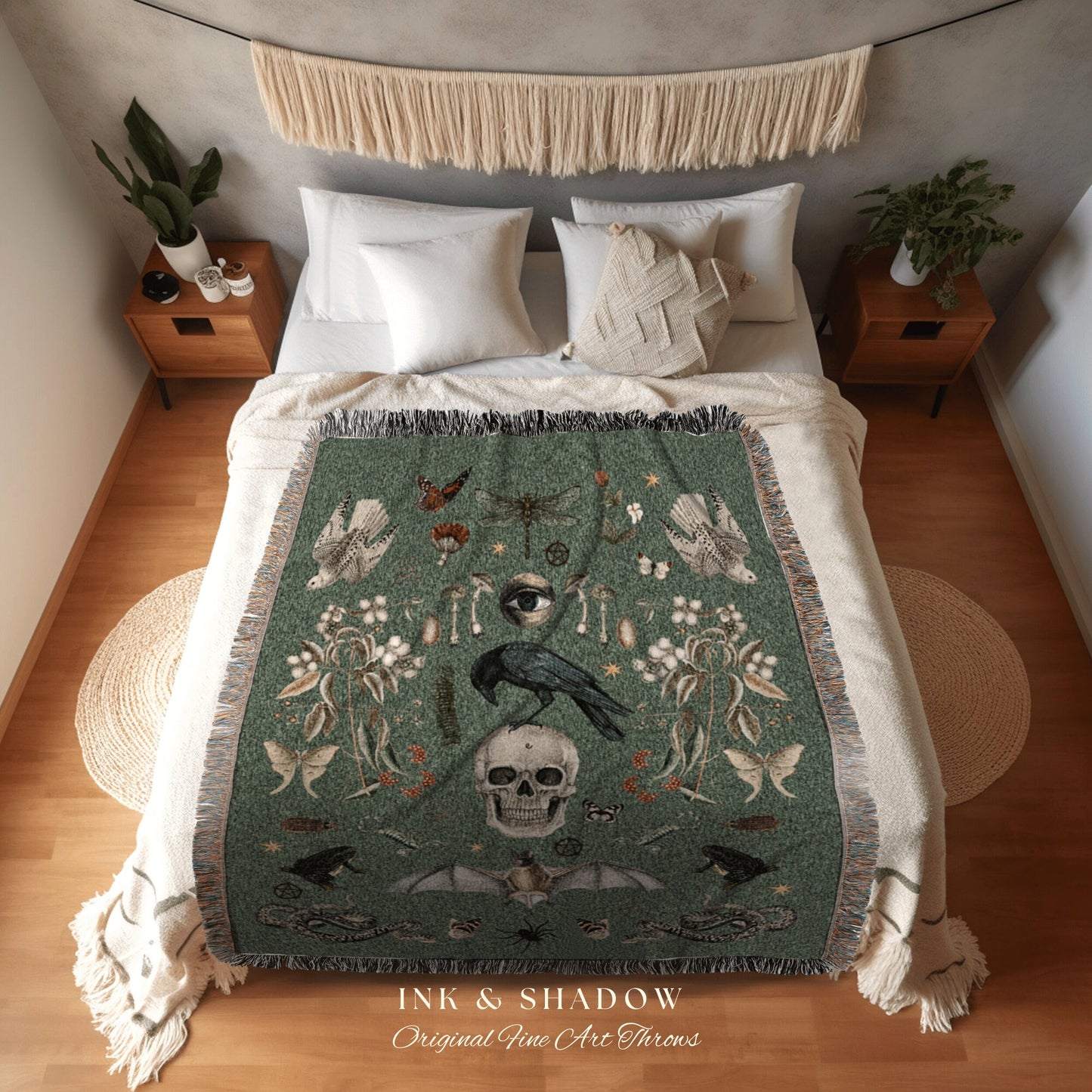 Crowcore Gothic Tapestry Whimsigoth Decor | Witchy Decor Bedroom Gothic Blanket | Sage Green Throw Blanket Woven Goth Tapestry Crow Core |