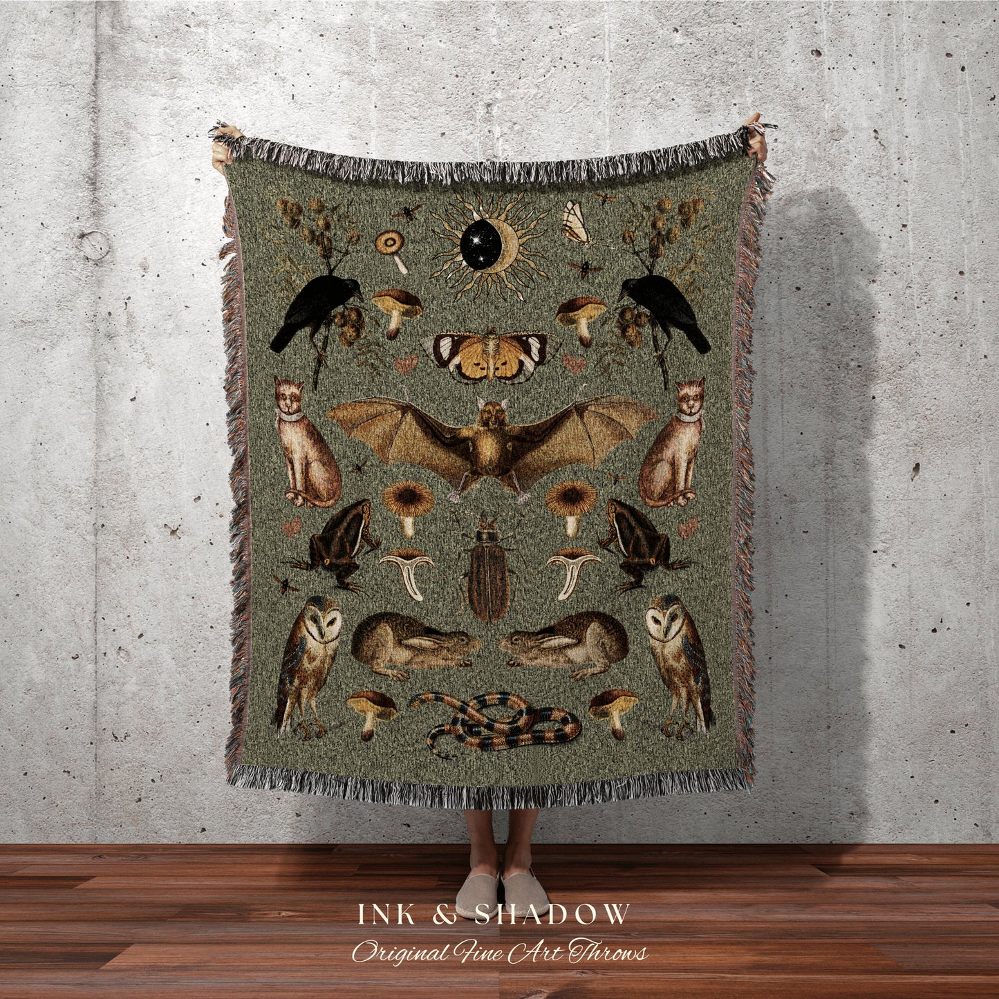 Whimsigoth Decor Crowcore Gothic Tapestry | Witchy Decor Bedroom Goth Blanket | Sage Green Blanket Goth Tapestry Woven Throw Blanket Gothic