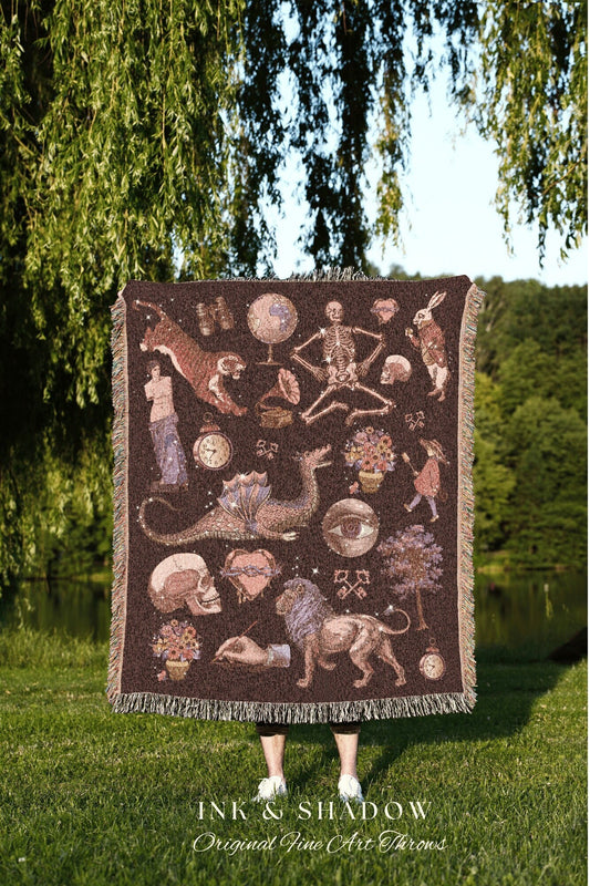 Vintage Throw Blanket Witchy Room Decor | Whimsigoth Decor Halloween Blanket | Dark Academia Decor Gothic Tapestry Vintage Woven Blanket |