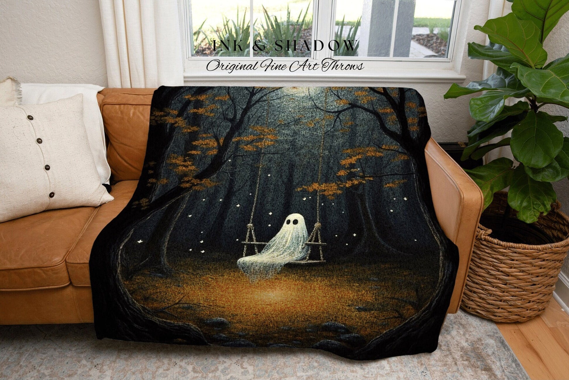 Haunted Forest Ghost on a Swing | Fall Aesthetic Vintage Ghost Art Woven Tapestry Halloween Decor Dark Academia Wall Art Ghost Blanket Woven