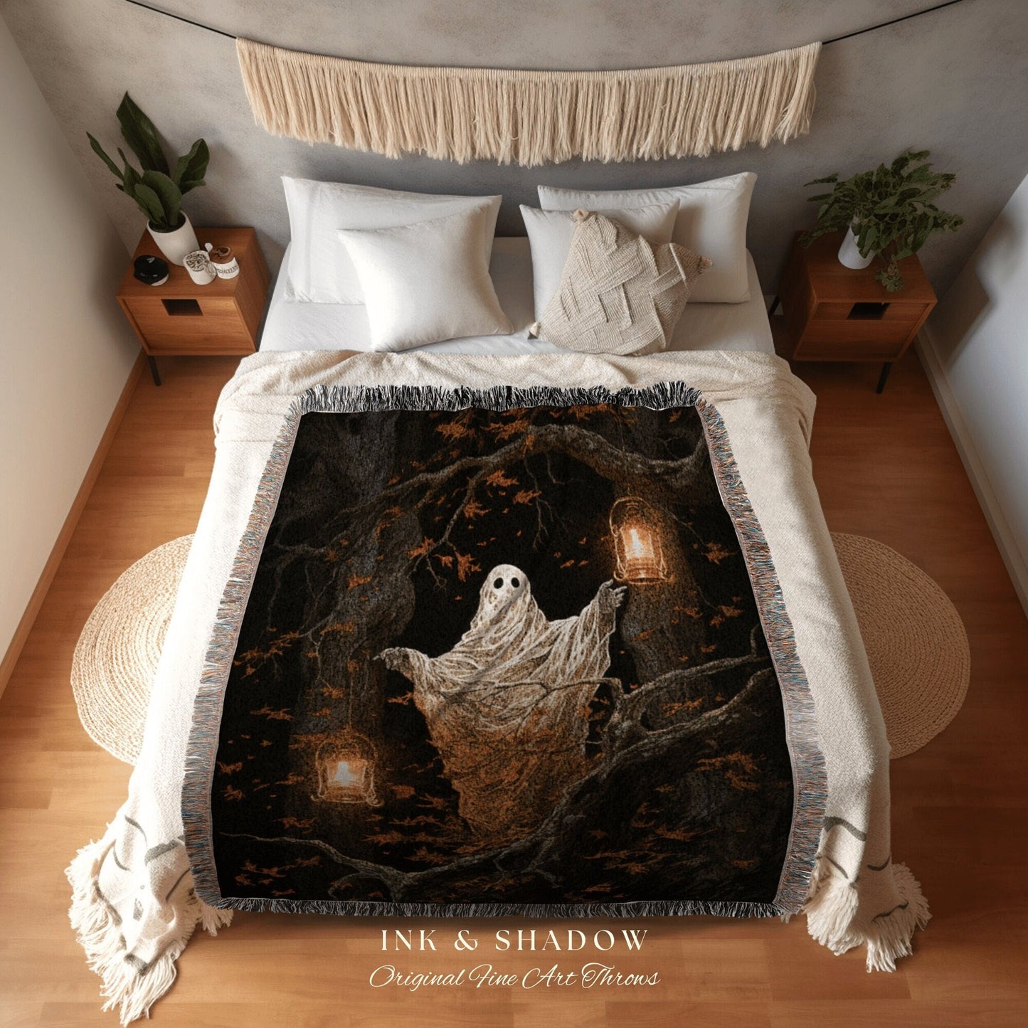 Woodland Ghost Vintage Blanket Halloween | Fall Aesthetic Vintage Ghost Art Woven Tapestry Halloween Decor Dark Academia Art Ghost Blanket |