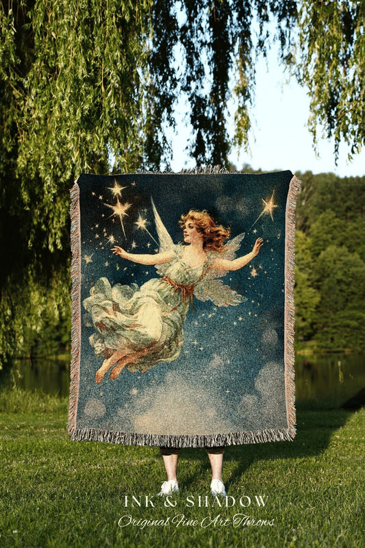 Vintage Fairy Tapestry Halloween Decor Blanket Woven Throw | Retro Halloween Decor Fairycore Art Midcentury Halloween Art Celestial Bedroom