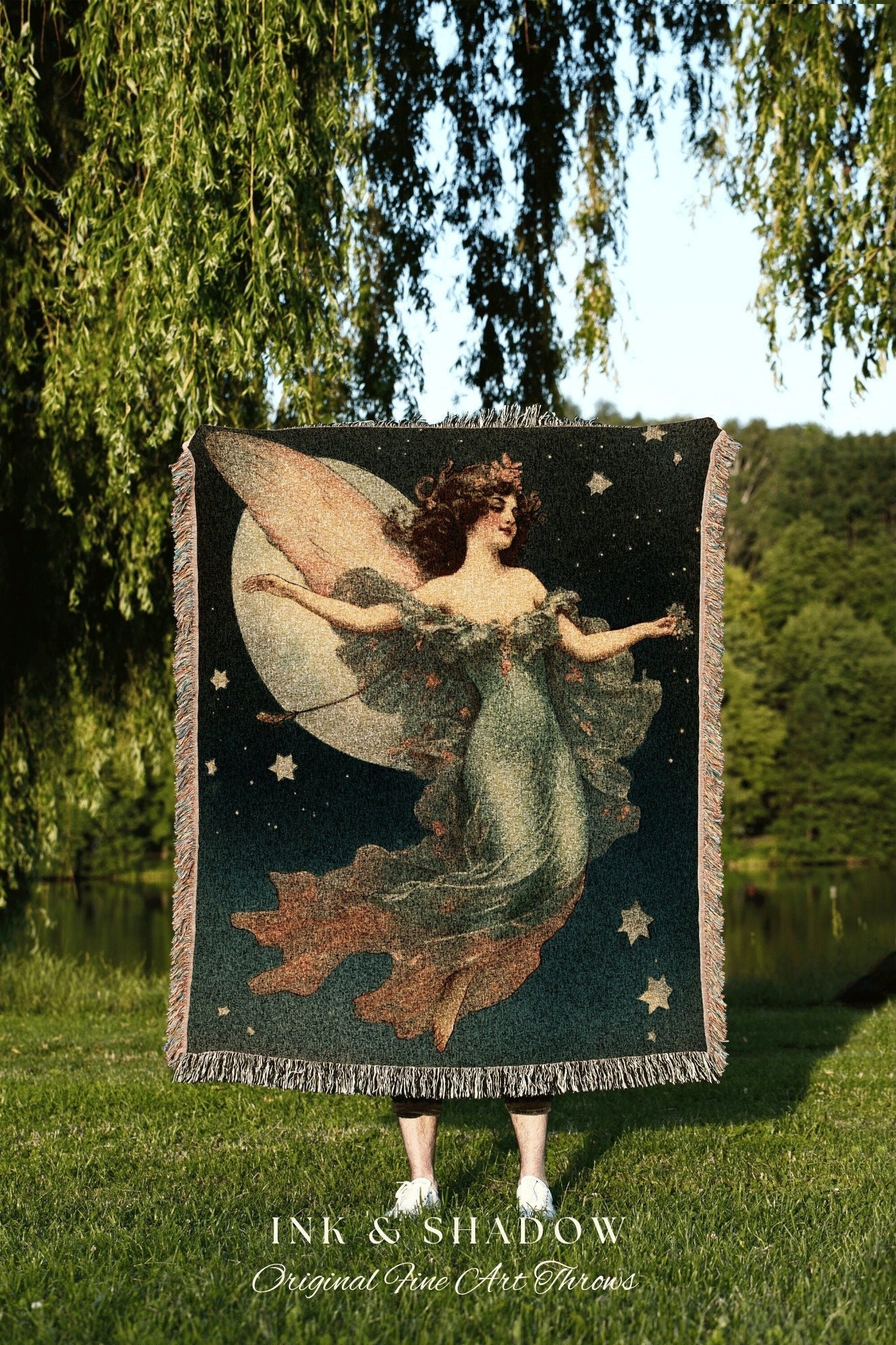 Celestial Tapestry Woven Blanket Vintage Fairy Aesthetic Celestial Wall Art | Cottagecore Decor Halloween Vintage Tapestry Woven Art Blanket