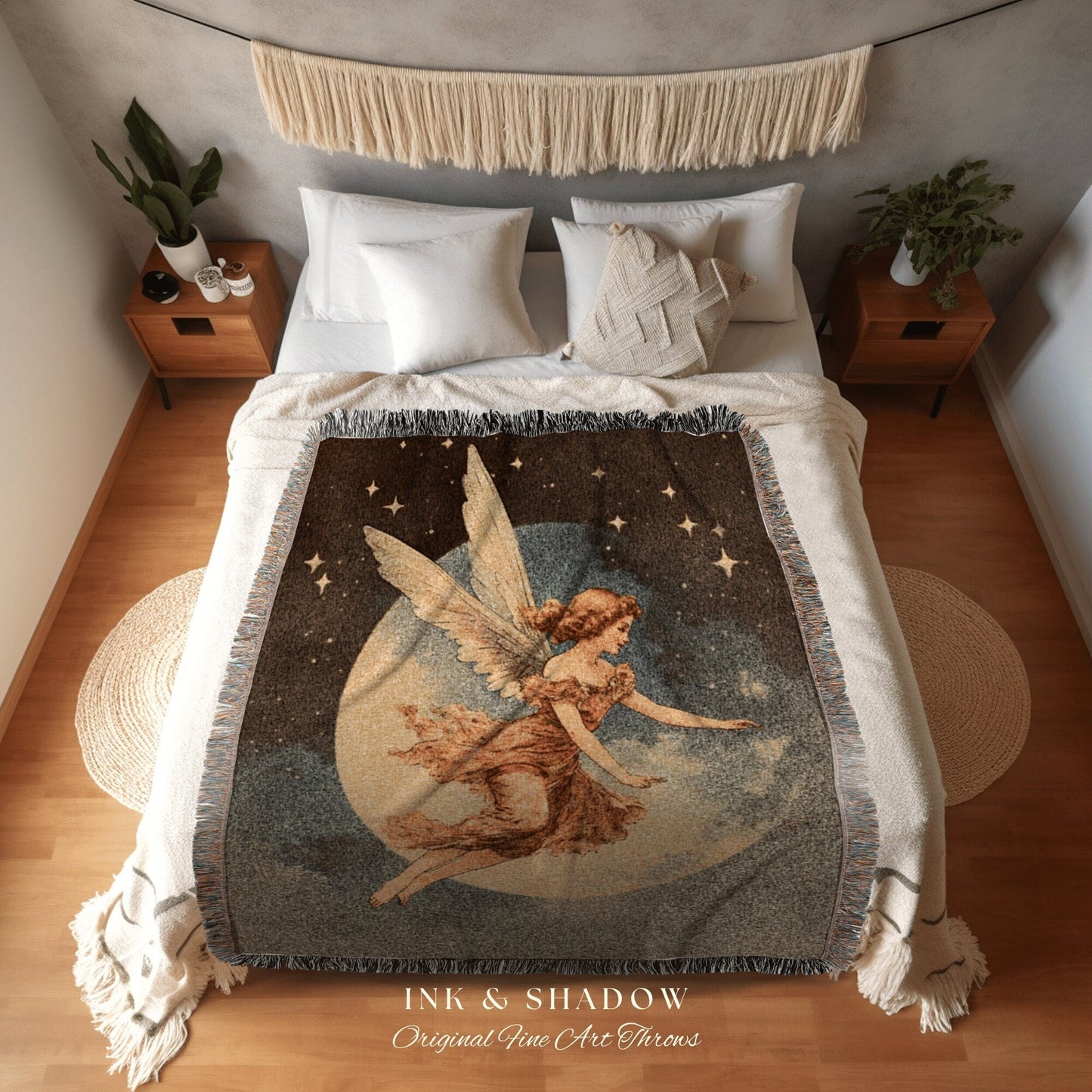 Woven Blanket Vintage Fairy Aesthetic Celestial Wall Art | Cottagecore Decor Halloween Vintage Tapestry Woven Art Blanket Retro Aesthetic |