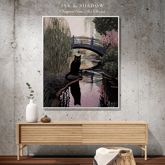 Black Cat Tapestry Landscape Blanket Woven Art Claude Monet Bridge Over a Pond of Water Lilies | Black Cat Art Tapestry Monet Inspired Art |