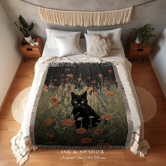 Floral Bedroom Decor Cat Tapestry Dorm Room Wall Art Decor Tapestry Black Cat Woven Blanket | Boho Cat Floral Decor Cottagecore Aesthetic |