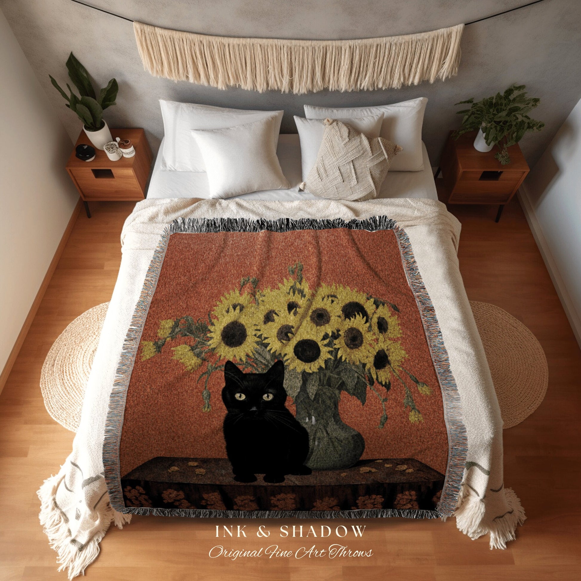 Vase of Sunflowers Painting Cat Tapestry Vincent Van Gogh Blanket Black Cat | Funny Tapestry Van Gogh Painting Famous Art Blanket Dorm Decor