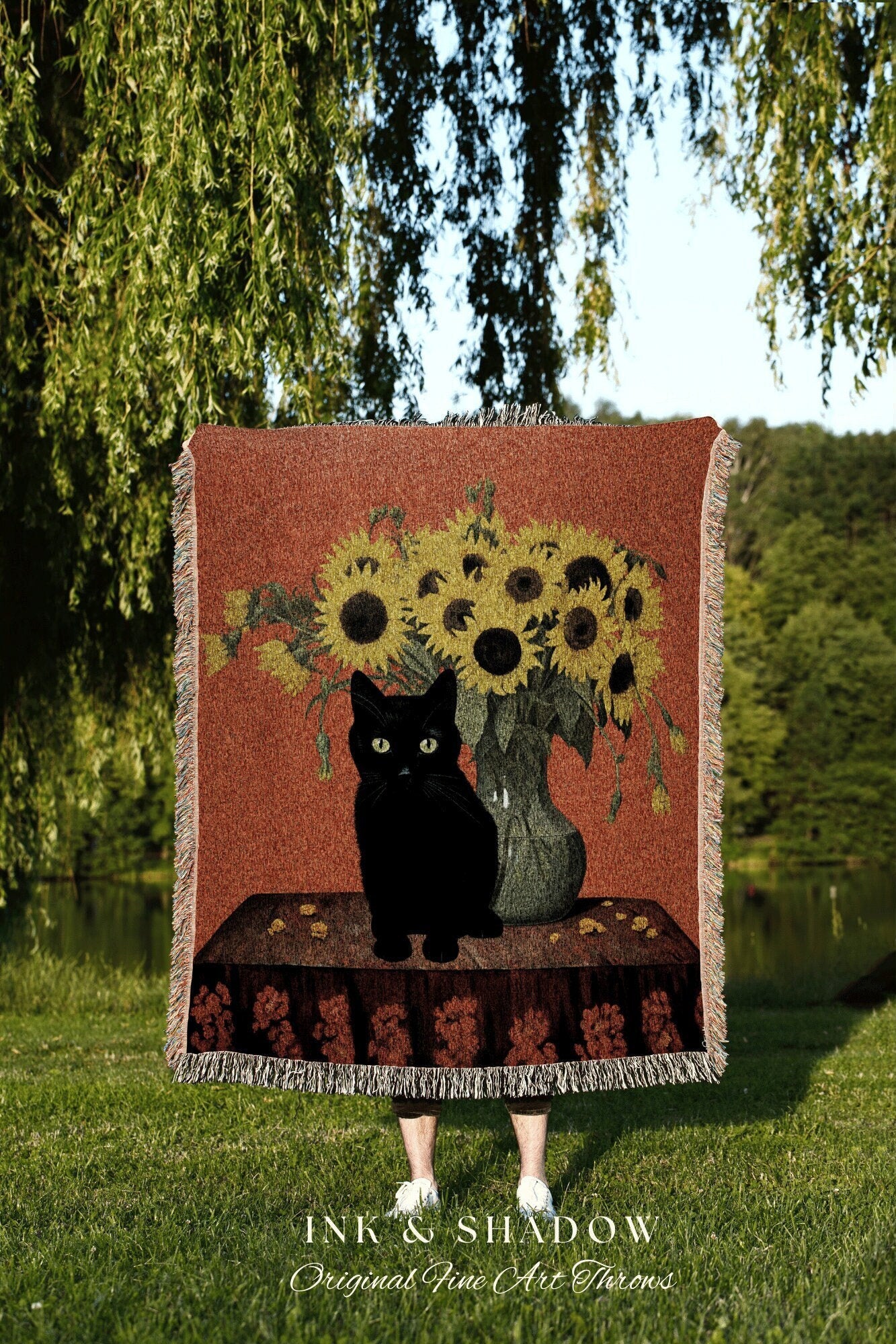 Vase of Sunflowers Painting Cat Tapestry Vincent Van Gogh Blanket Black Cat | Funny Tapestry Van Gogh Painting Famous Art Blanket Dorm Decor