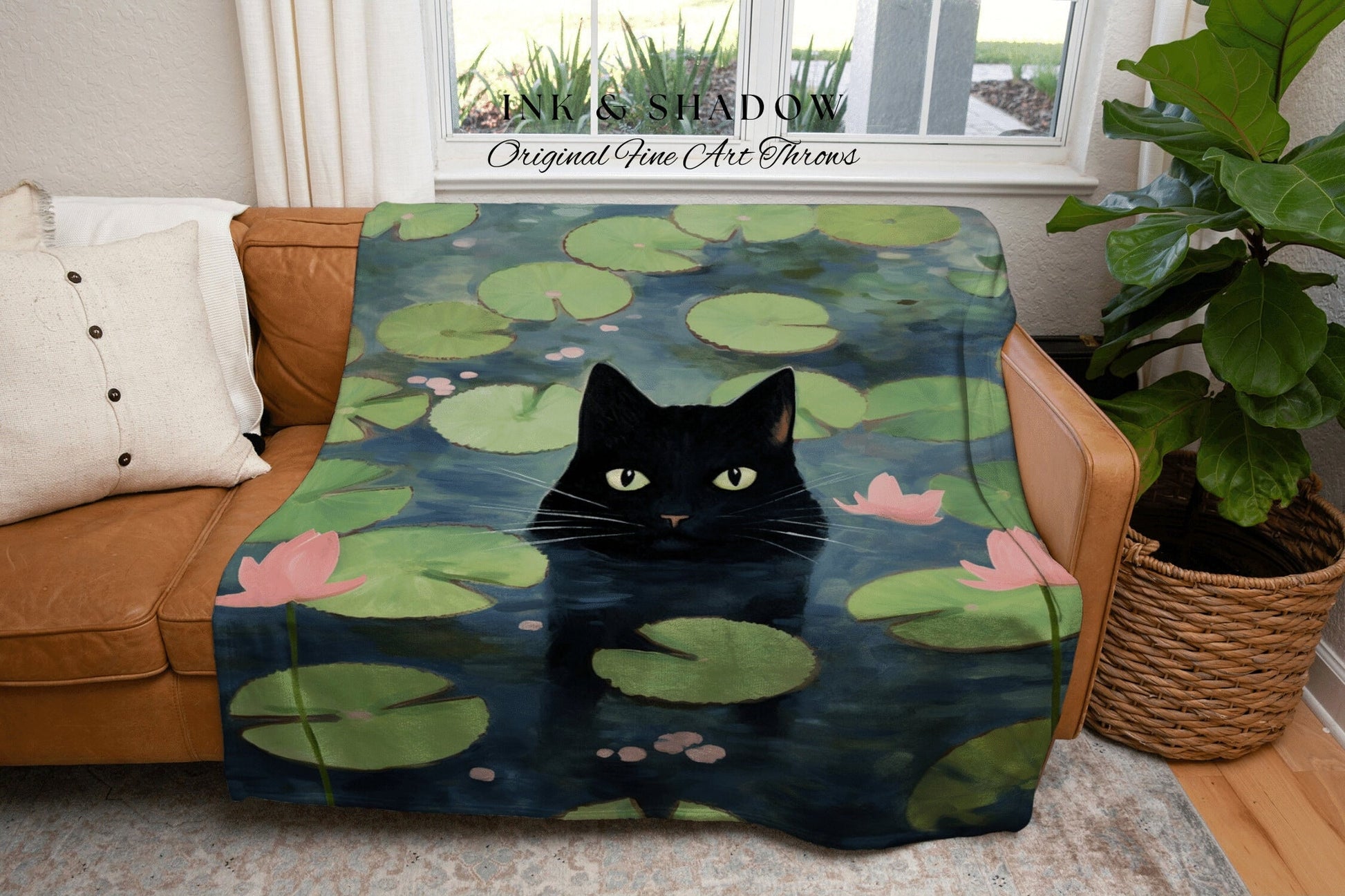 Lily Pad Cat Tapestry Woven Wall Art Claude Monet Pond of Water Lilies Poster Black Cat Art | Funny Tapestry Monet Water Lilies Famous Art |