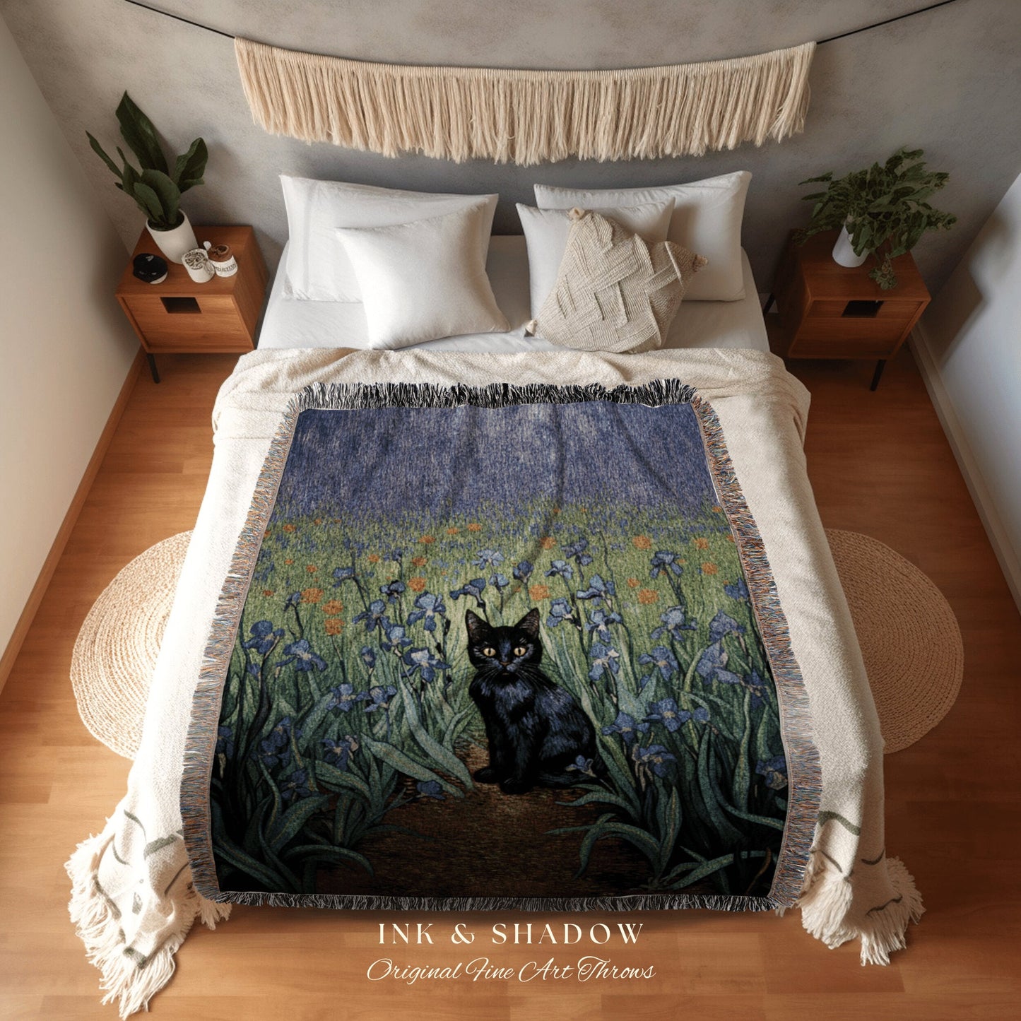 Iris Tapestry Vincent Van Gogh Painting Black Cat Art | Funny Tapestry Van Gogh Inspired Throw Blanket Woven Wall Art Cat Decor Eclectic |