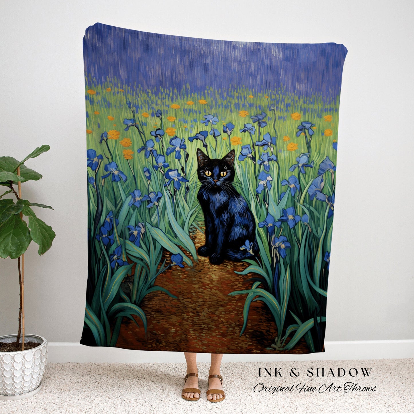 Iris Tapestry Vincent Van Gogh Painting Black Cat Art | Funny Tapestry Van Gogh Inspired Throw Blanket Woven Wall Art Cat Decor Eclectic |