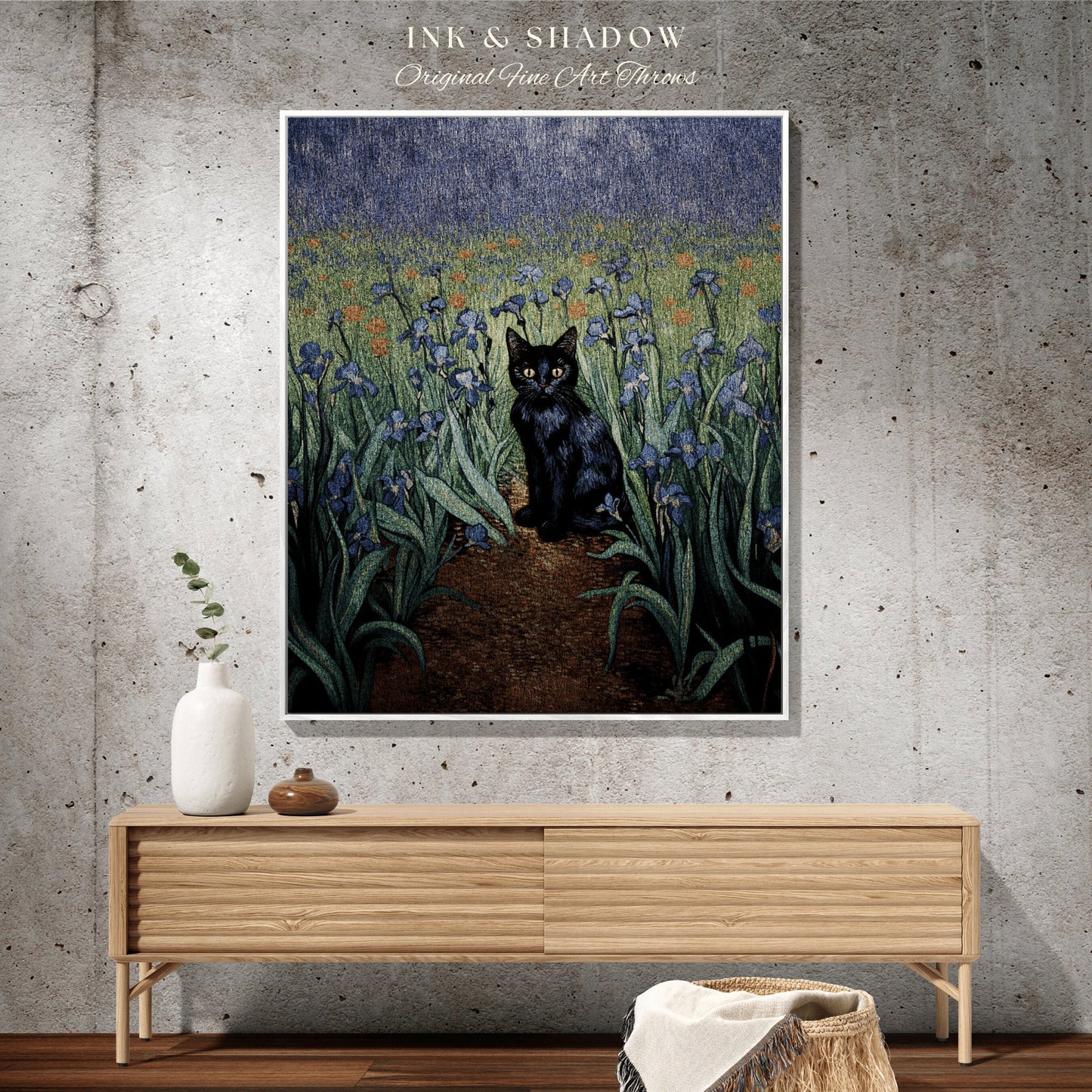 Iris Tapestry Vincent Van Gogh Painting Black Cat Art | Funny Tapestry Van Gogh Inspired Throw Blanket Woven Wall Art Cat Decor Eclectic |