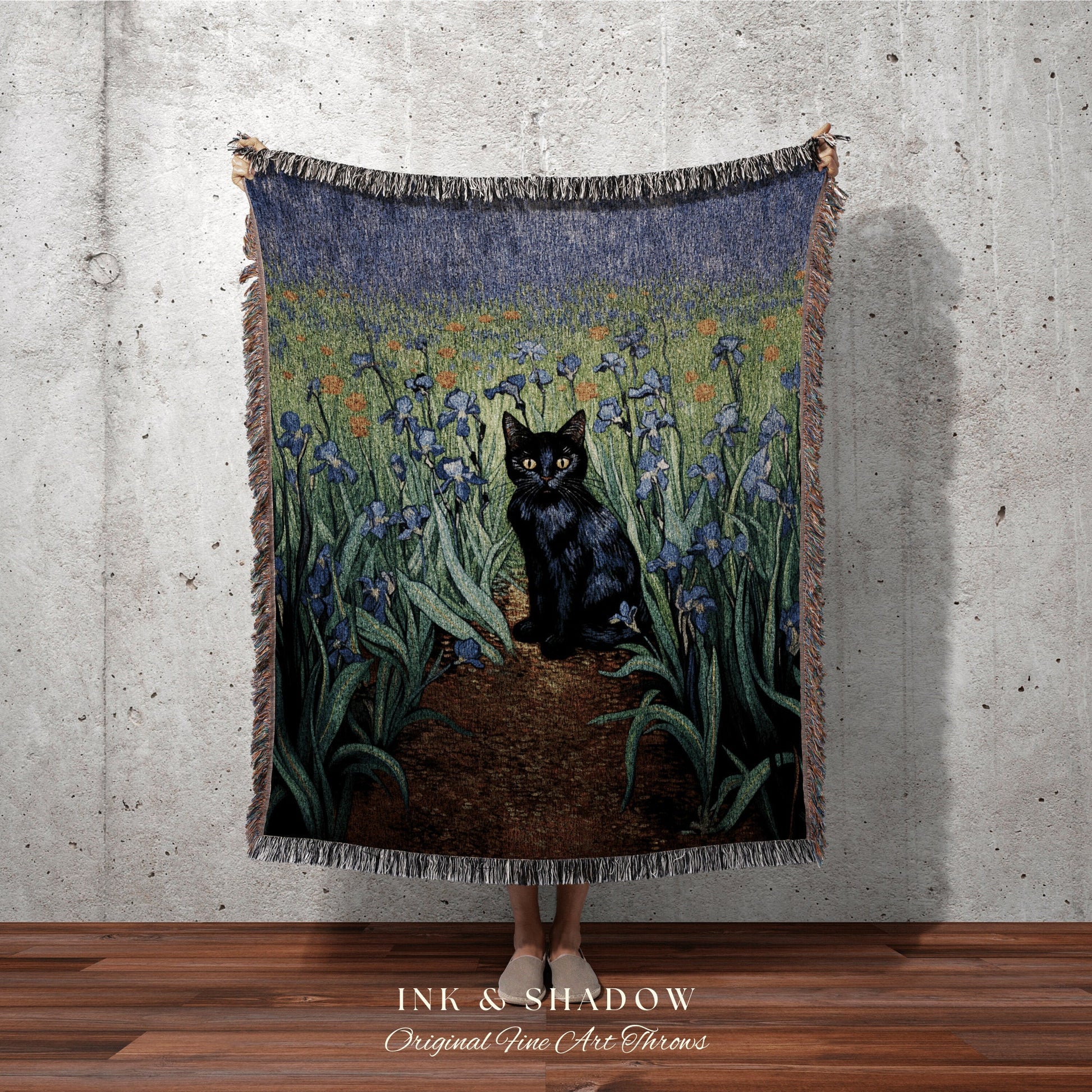 Iris Tapestry Vincent Van Gogh Painting Black Cat Art | Funny Tapestry Van Gogh Inspired Throw Blanket Woven Wall Art Cat Decor Eclectic |