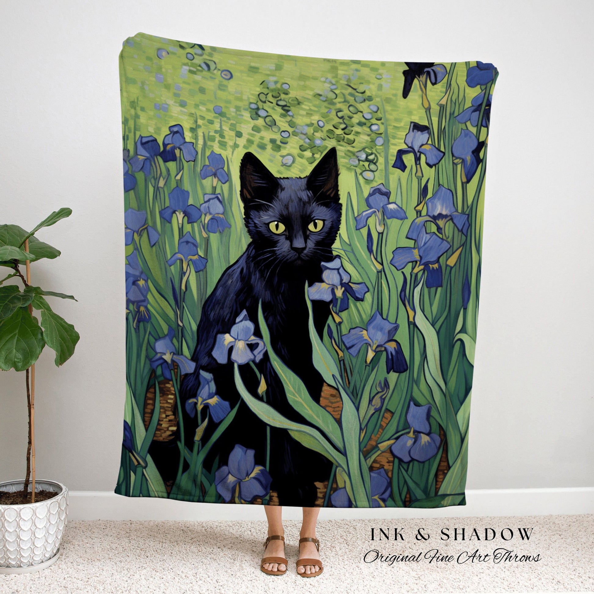 Art Blanket Vincent Van Gogh Irises Painting Black Cat | Funny Tapestry Van Gogh Inspired Throw Blanket Woven Wall Art Cat Decor Eclectic |