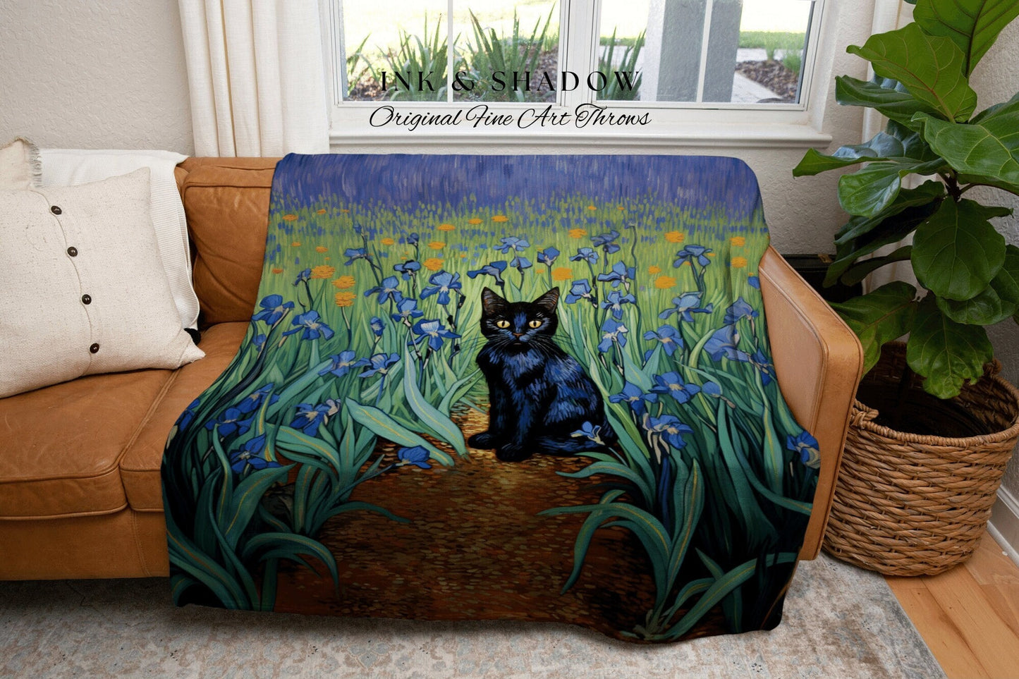 Iris Tapestry Vincent Van Gogh Painting Black Cat Art | Funny Tapestry Van Gogh Inspired Throw Blanket Woven Wall Art Cat Decor Eclectic |