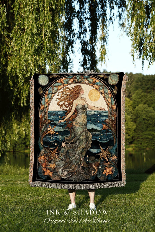 Queen of the Seashore Vintage Mermaid Tapestry Mermaidcore Wall Art Siren Celestial Decor Throw Blanket Woven | Art Nouveau Sea Witchy Decor