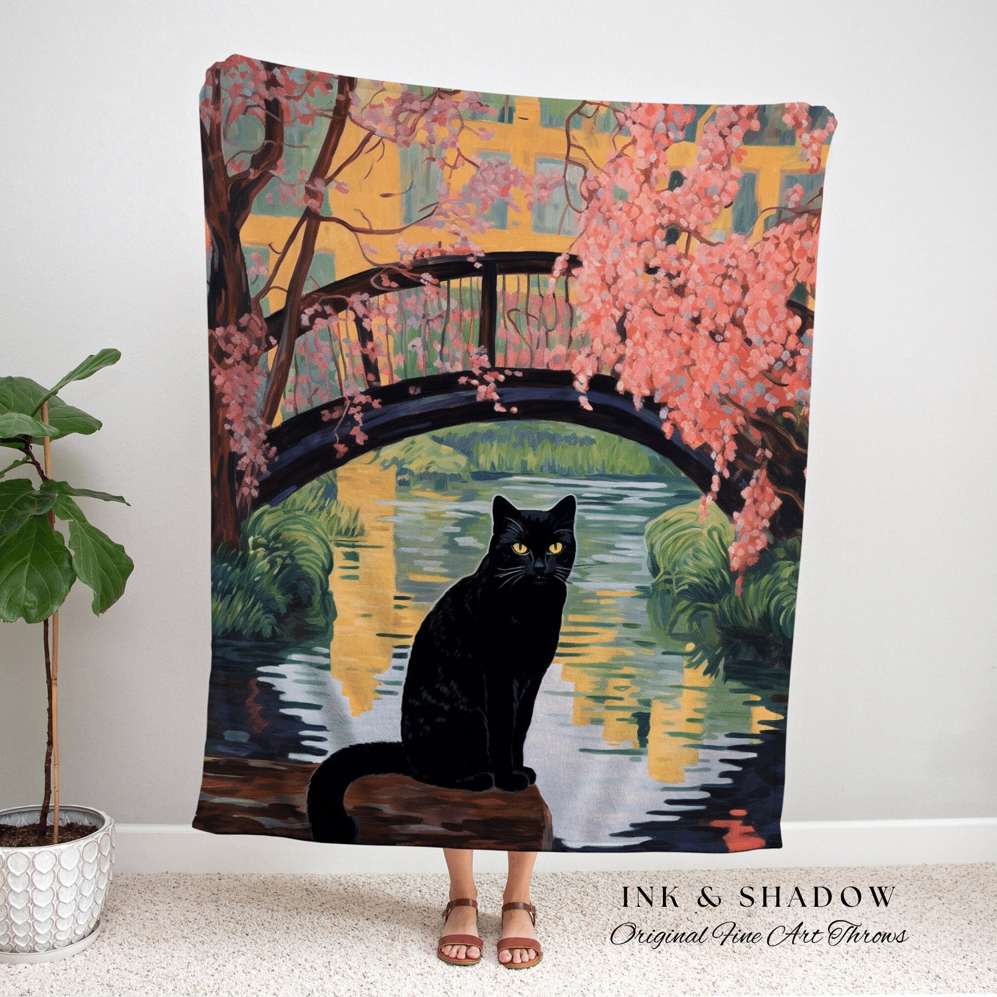 Pink Pastel Landscape Tapestry Woven Blanket Claude Monet Bridge Over a Pond of Water Lilies Painting Black Cat Art | Monet Painting Blanket