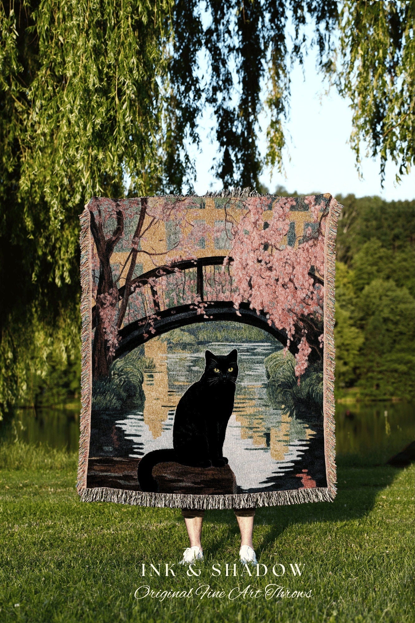 Pink Pastel Landscape Tapestry Woven Blanket Claude Monet Bridge Over a Pond of Water Lilies Painting Black Cat Art | Monet Painting Blanket