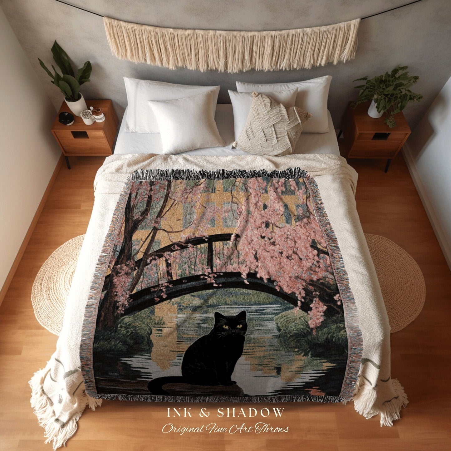 Pink Pastel Landscape Tapestry Woven Blanket Claude Monet Bridge Over a Pond of Water Lilies Painting Black Cat Art | Monet Painting Blanket