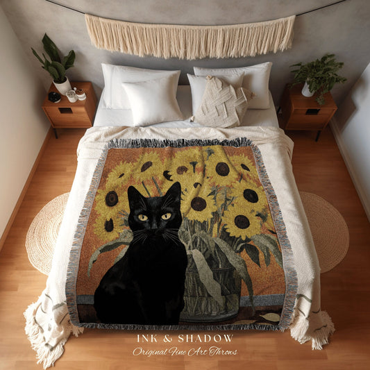 Sunflower Painting Cat Tapestry Vincent Van Gogh Blanket Black Cat Art | Funny Tapestry Van Gogh Painting Famous Art Blanket Dorm Decor Boho