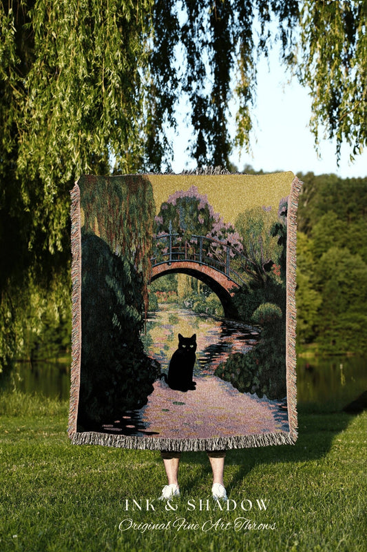 Indie Wall Decor Woven Tapestry Blanket Vintage Art Claude Monet Bridge Over a Pond of Water Lilies | Black Cat Blanket Monet Inspired Decor