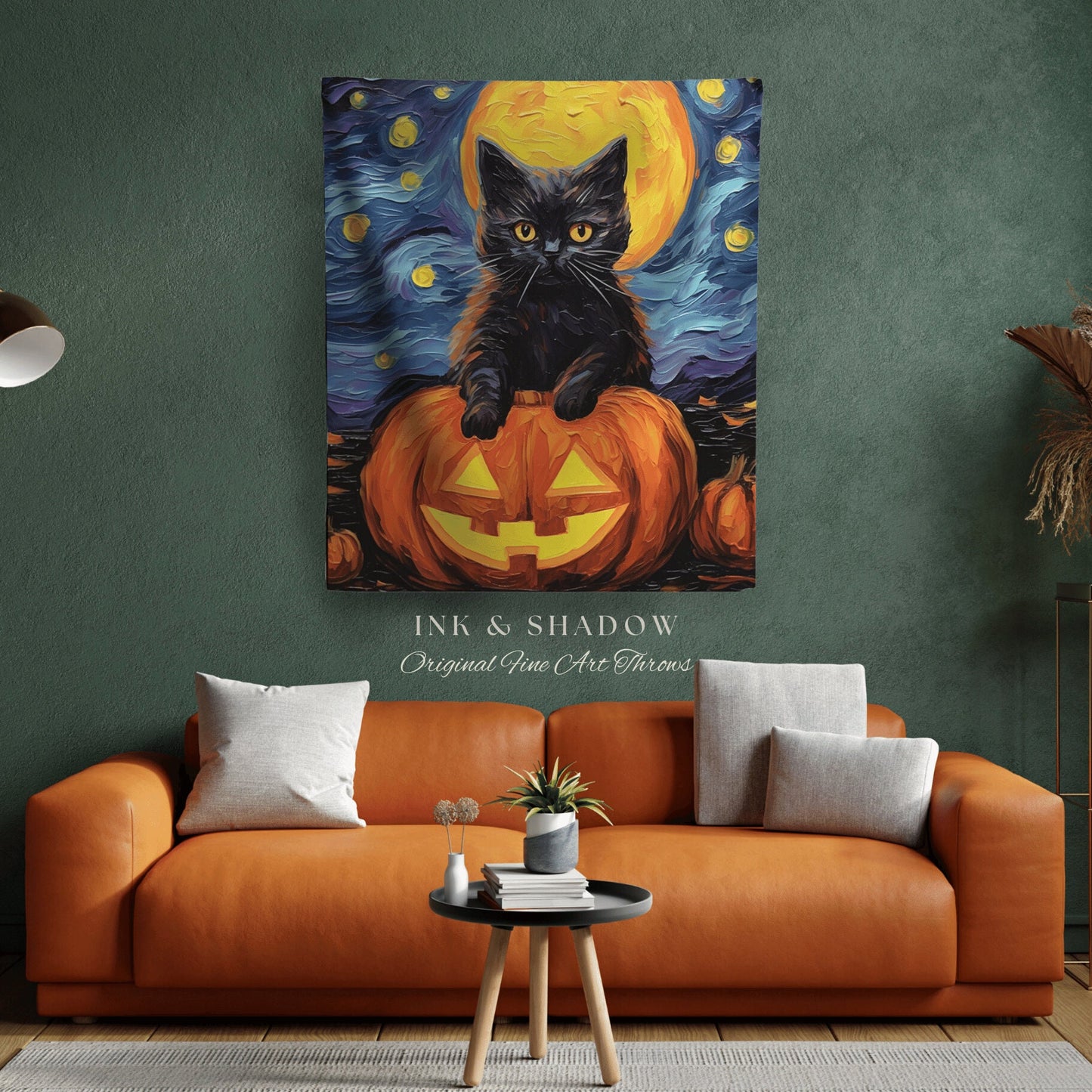 Pumpkin Cat Halloween Blanket Woven Tapestry Van Gogh Decor | Cute Cat Tapestry Woven Blanket Halloween Decor Spooky Halloween Art Tapestry