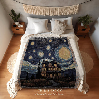 Starry Night Blanket Woven Tapestry Van Gogh Decor | Haunted House Painting Tapestry Woven Blanket Halloween Decor Spooky Landscape Tapestry