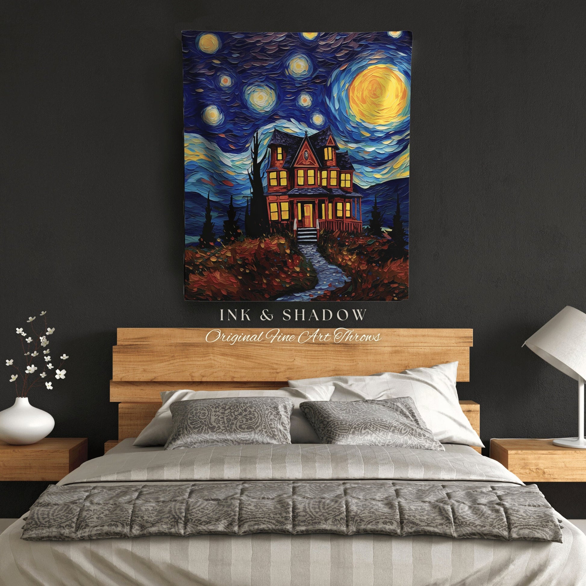 Starry Night Blanket Woven Tapestry Van Gogh Decor | Haunted House Painting Tapestry Woven Blanket Halloween Decor Spooky Landscape Tapestry