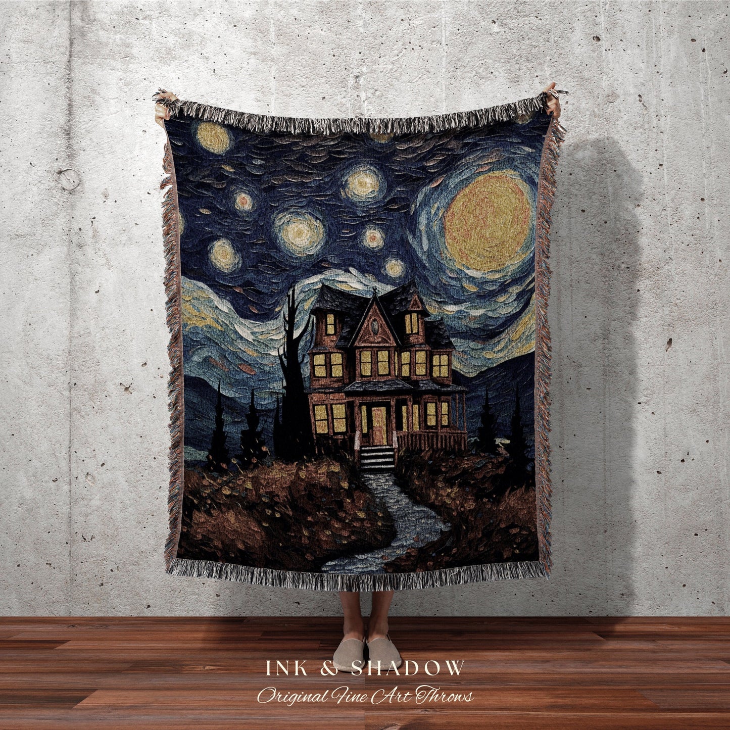 Starry Night Blanket Woven Tapestry Van Gogh Decor | Haunted House Painting Tapestry Woven Blanket Halloween Decor Spooky Landscape Tapestry