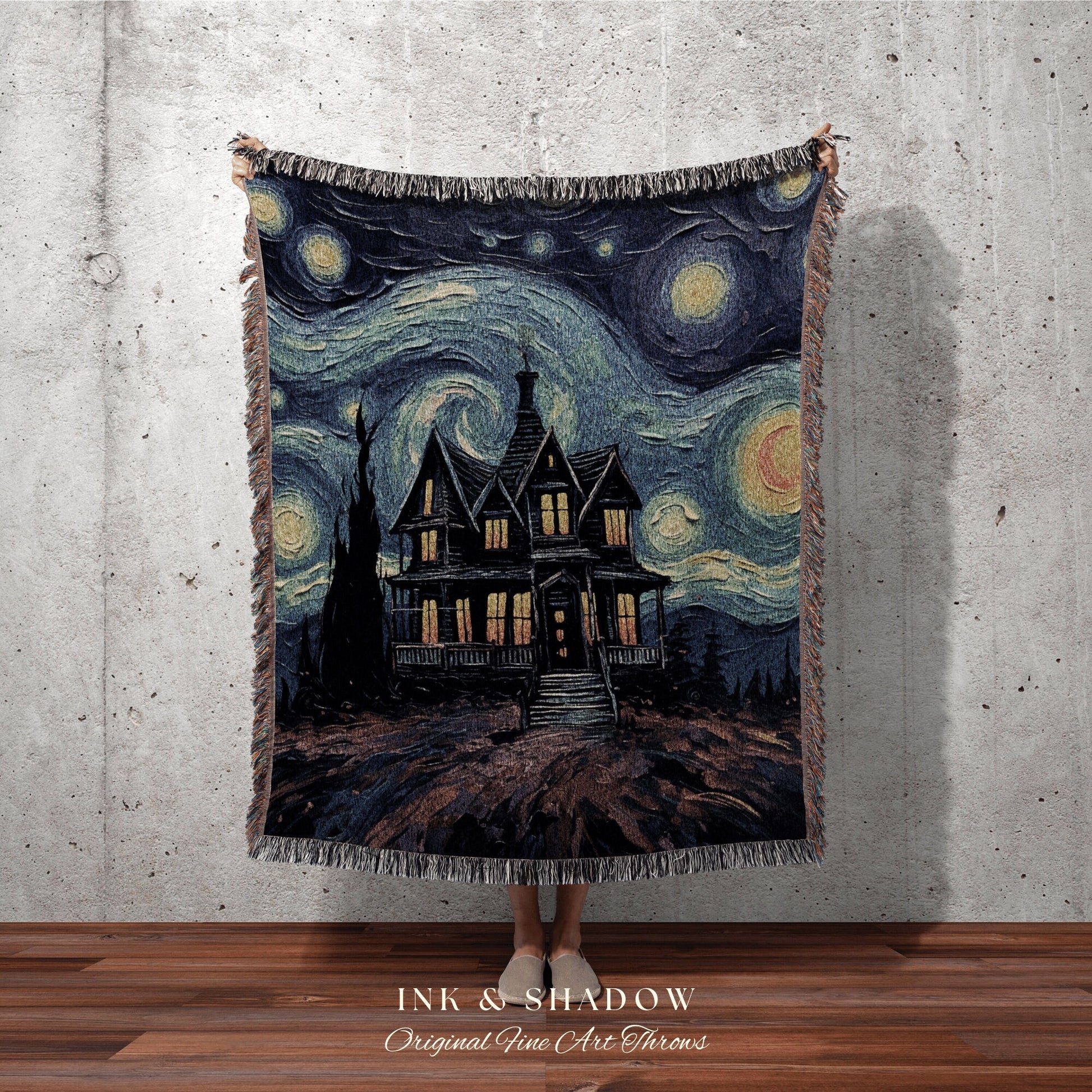 Haunted House Blanket Woven Tapestry Van Gogh Decor | Starry Night Painting Tapestry Woven Blanket Halloween Decor Spooky Landscape Tapestry