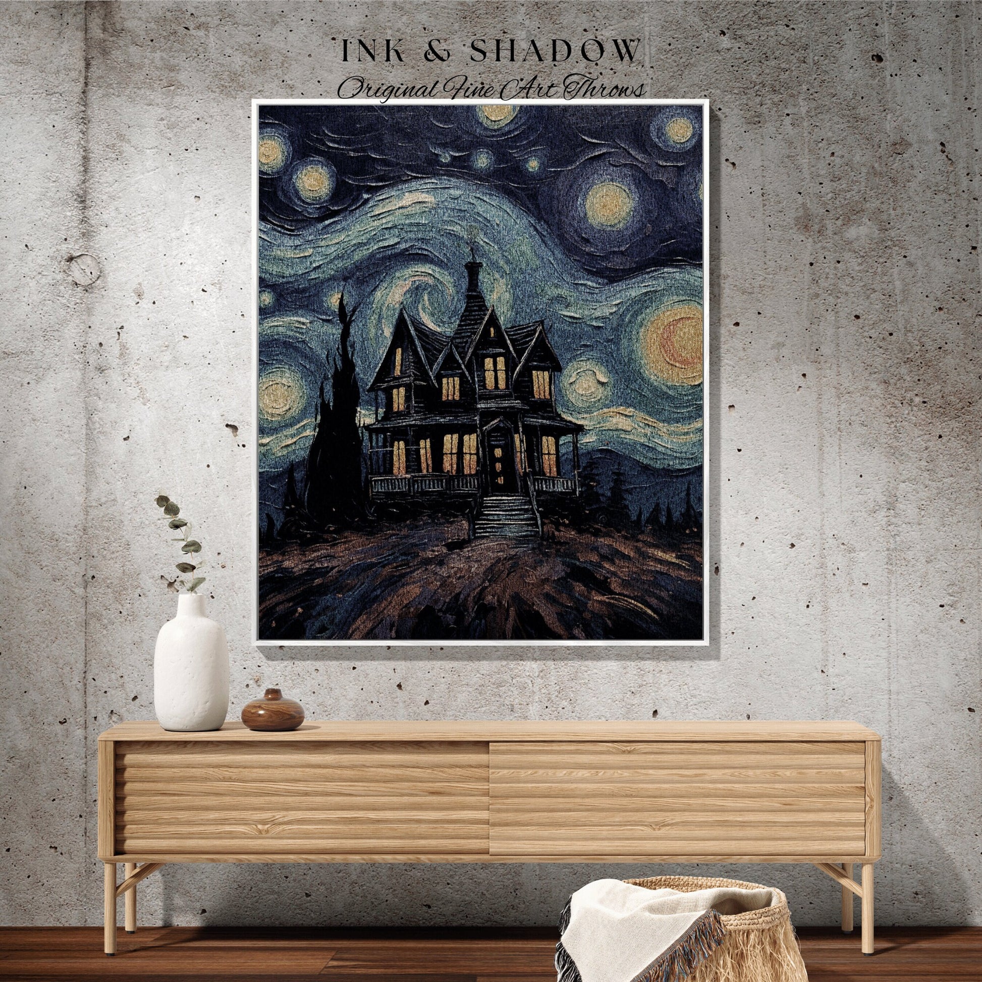 Haunted House Blanket Woven Tapestry Van Gogh Decor | Starry Night Painting Tapestry Woven Blanket Halloween Decor Spooky Landscape Tapestry