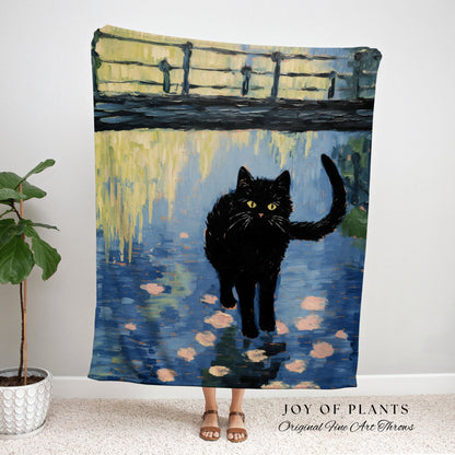 Black Cat Blanket Woven Tapestry Vintage Art Claude Monet Bridge Over a Pond of Water Lilies | Black Cat Blanket Monet Art History Gift |