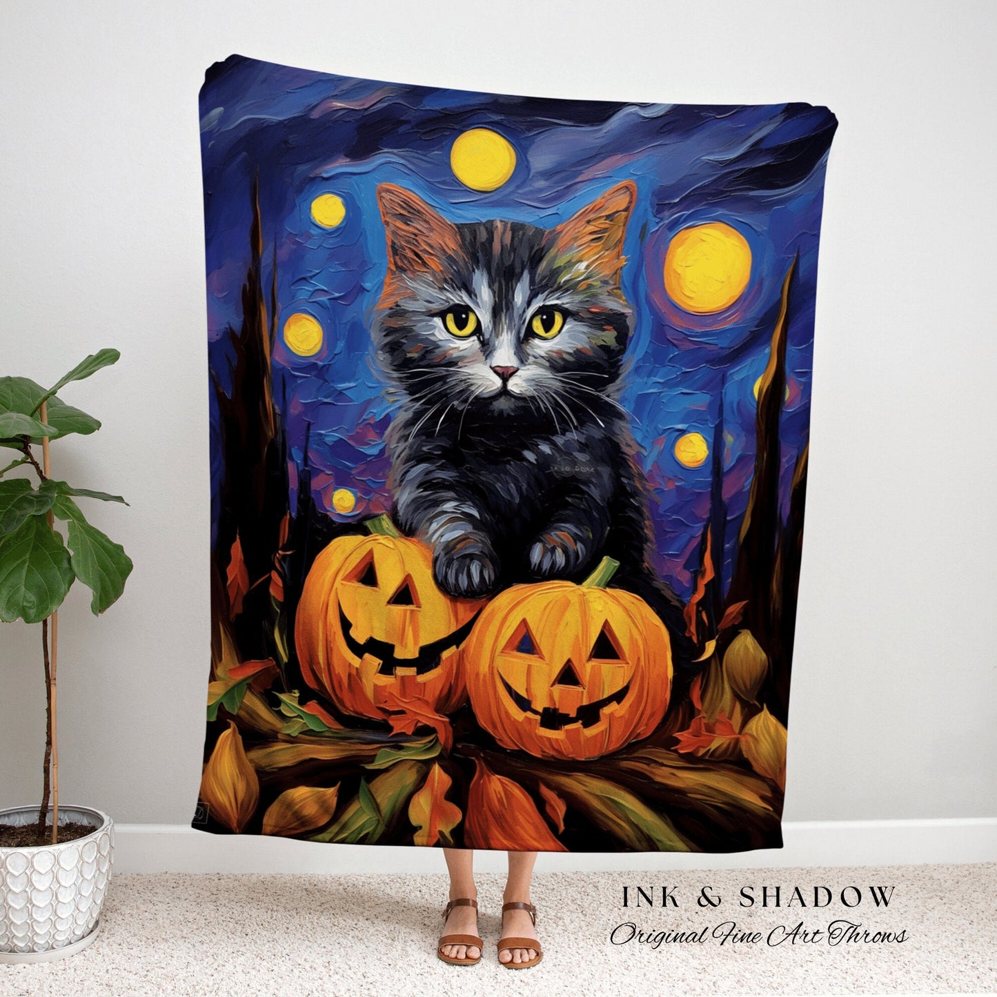 Halloween Kitty Blanket Woven Tapestry Van Gogh Decor | Cute Cat Tapestry Woven Blanket Halloween Pumpkin Decor Spooky Halloween Tapestry |