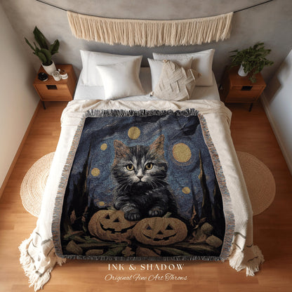 Halloween Kitty Blanket Woven Tapestry Van Gogh Decor | Cute Cat Tapestry Woven Blanket Halloween Pumpkin Decor Spooky Halloween Tapestry |