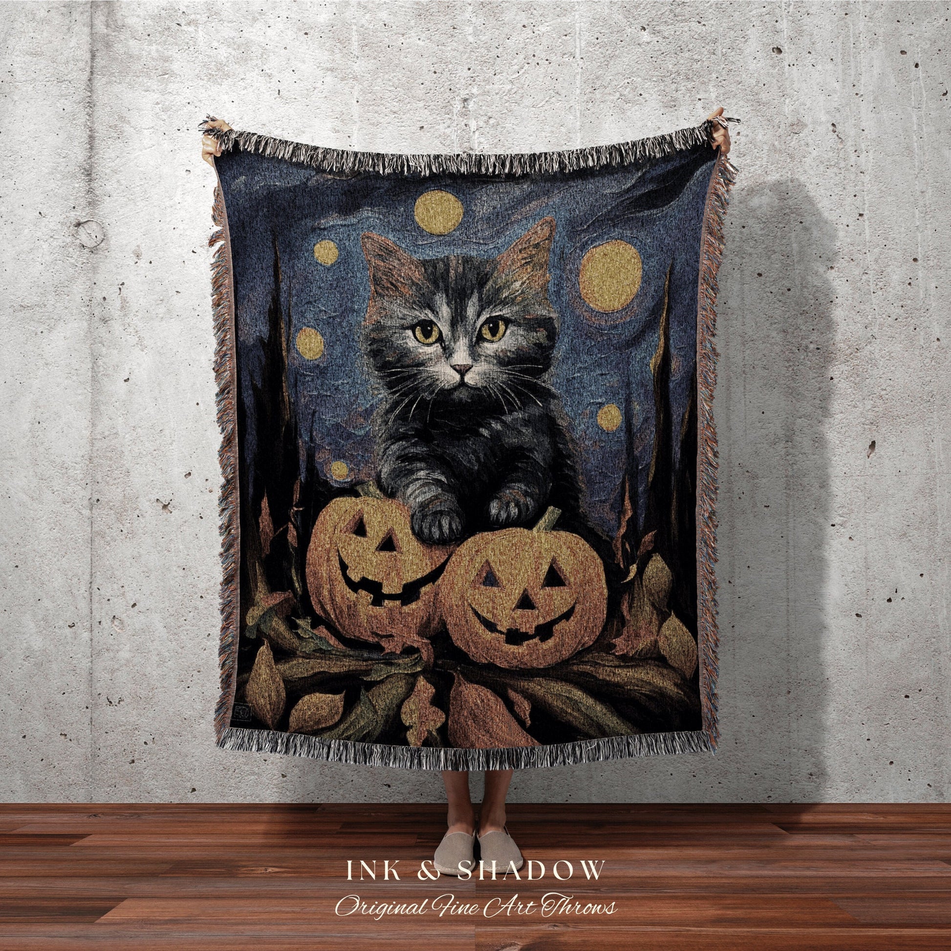 Halloween Kitty Blanket Woven Tapestry Van Gogh Decor | Cute Cat Tapestry Woven Blanket Halloween Pumpkin Decor Spooky Halloween Tapestry |