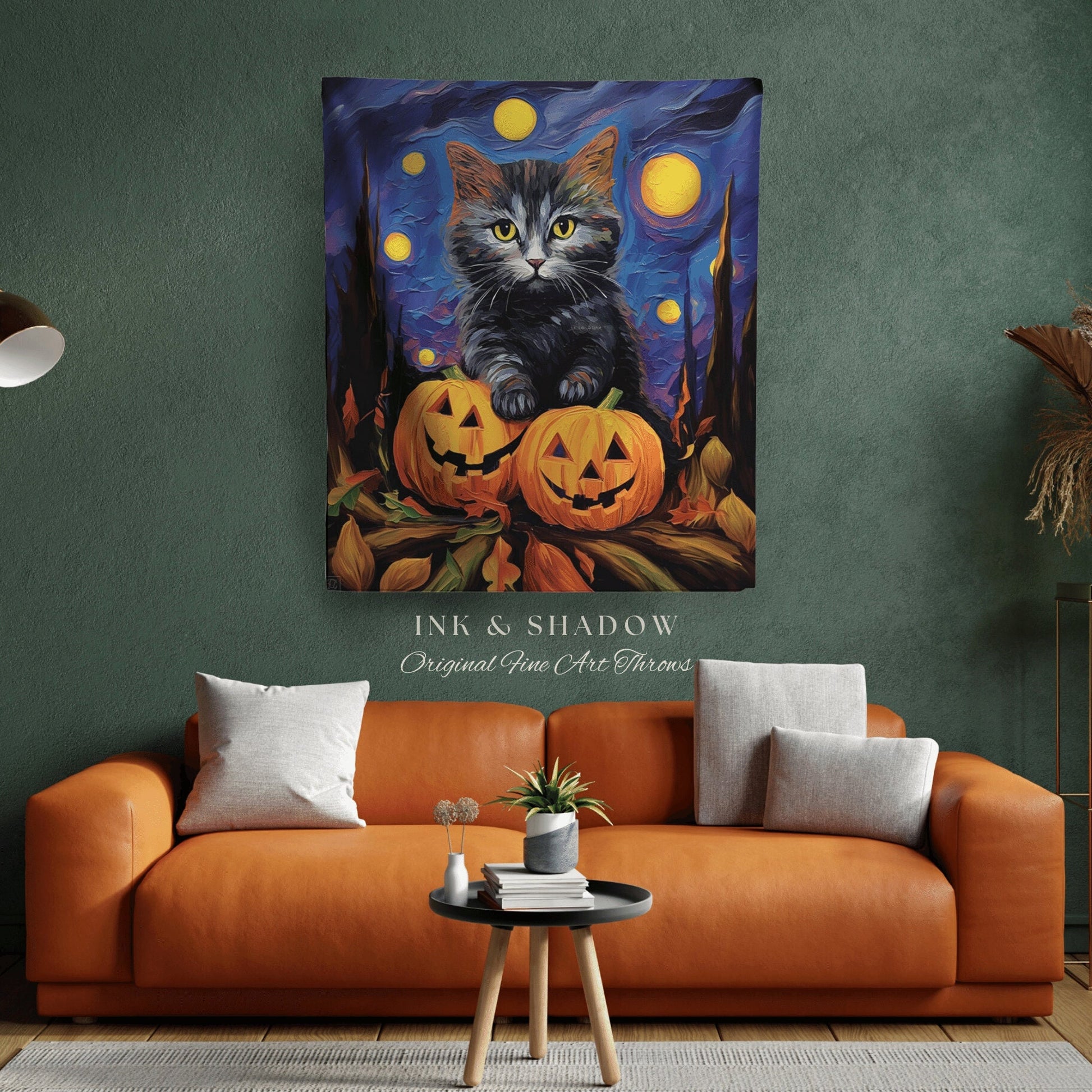 Halloween Kitty Blanket Woven Tapestry Van Gogh Decor | Cute Cat Tapestry Woven Blanket Halloween Pumpkin Decor Spooky Halloween Tapestry |